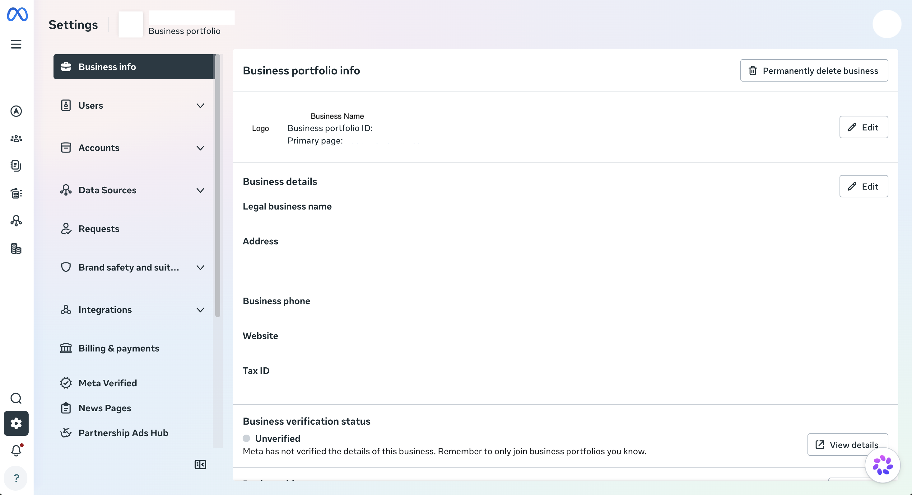 Meta Business Portfolio settings sidebar, with sections for Users, Accounts, Data sources, and Brand safety