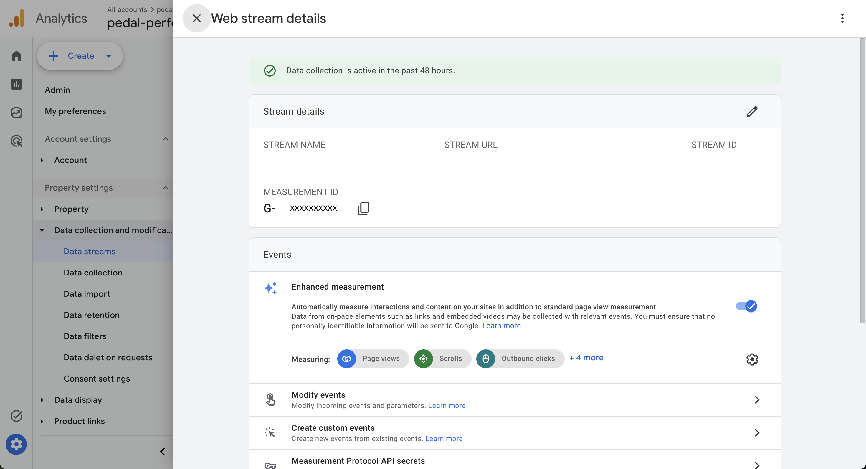 Google Analytics 4 Web stream details panel showing the Measurement ID in G-XXXXXXXXXX format with a copy button, and the Enhanced measurement toggle enabled below