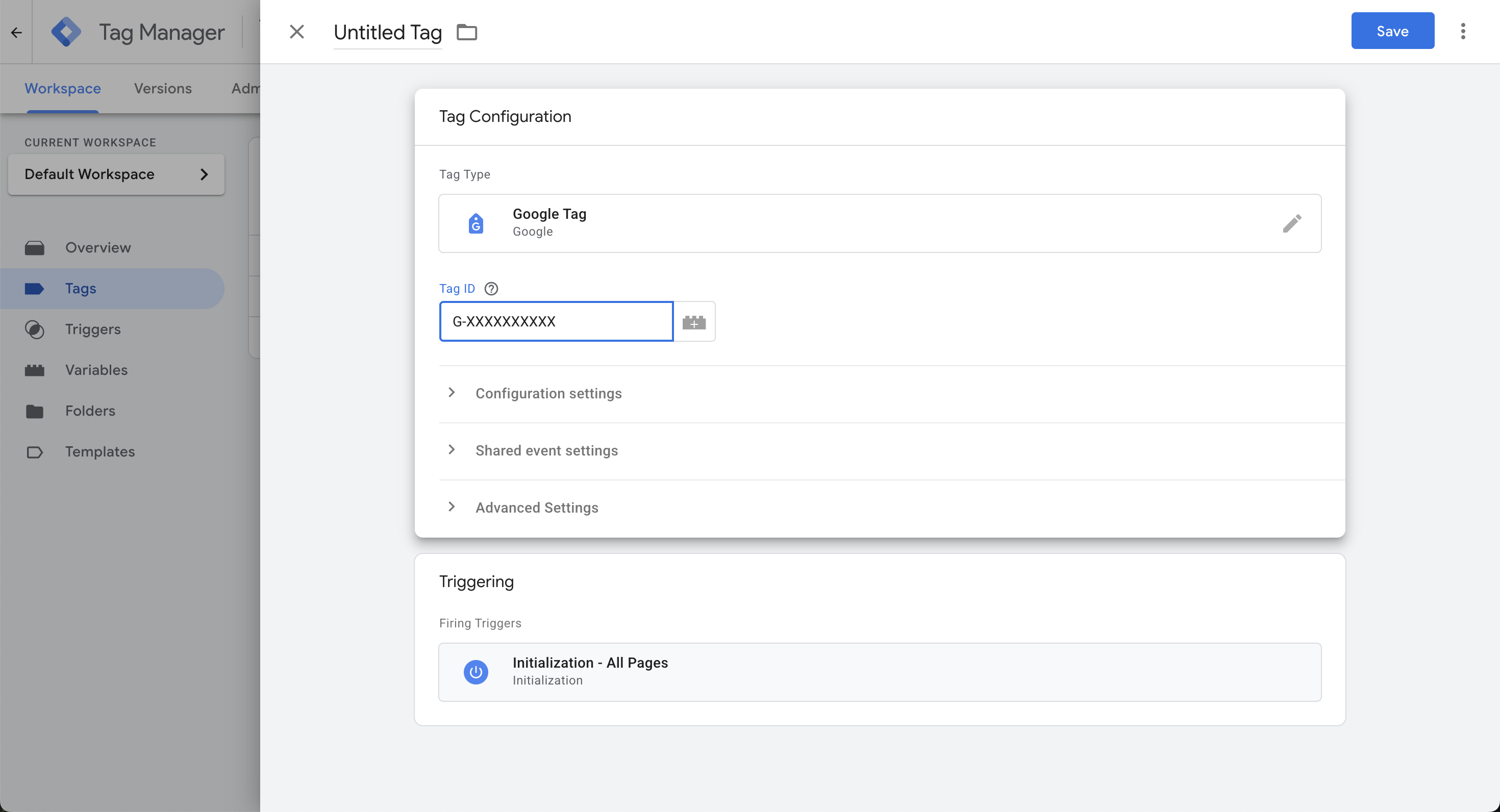 Google Tag Manager Tag Configuration with Tag Type set to Google Tag, the GA4 Measurement ID (G-XXXXXXXXXX) entered as the Tag ID, and an Initialization - All Pages firing trigger attached